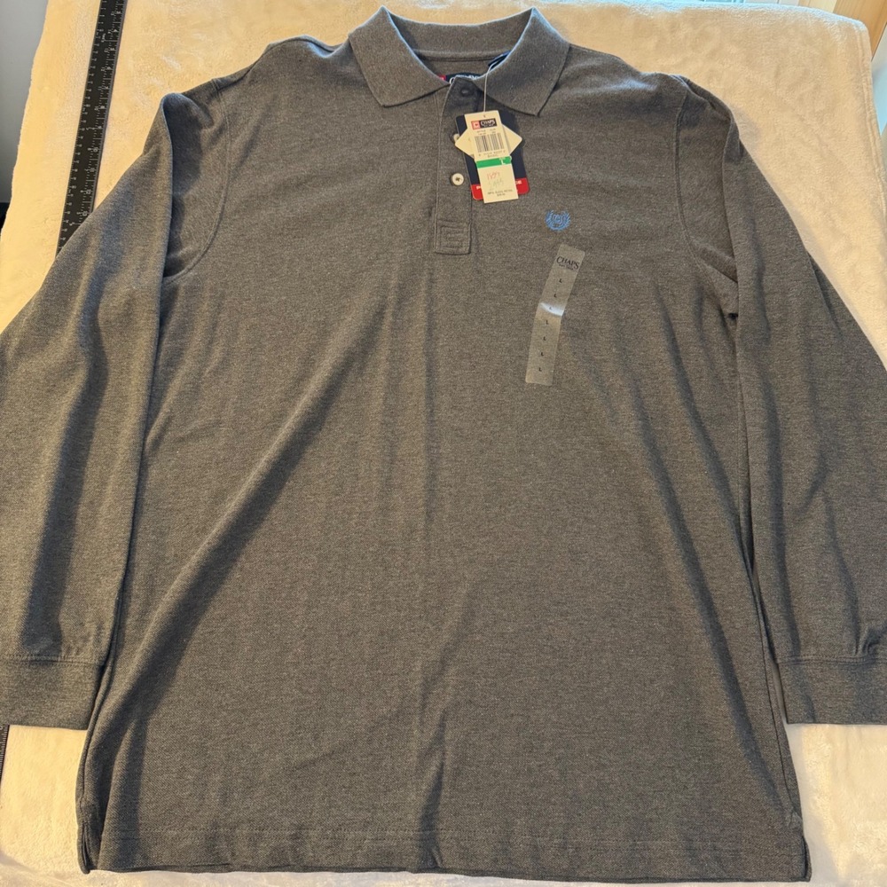Chaps Mens Performance Polo Shirt Long Sleeve Gray Cotton Pique NWT 13618R L